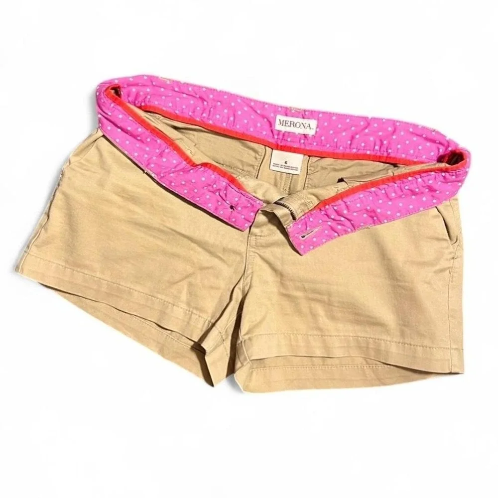 Y2K Tan Mini Shorts Low Rise Size 6 Pink Polka Dot Waist Preppy 2000s - Picture 2 of 6